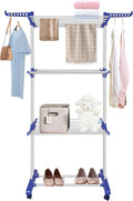 Bigzzia Clothes Drying Rack, Folding Stainless Steel Drying Rack Clothing Indoor Outdoor, Space-Saving, 4 Tier Laundry Drying Rack with Two Side Wings Grey Blue