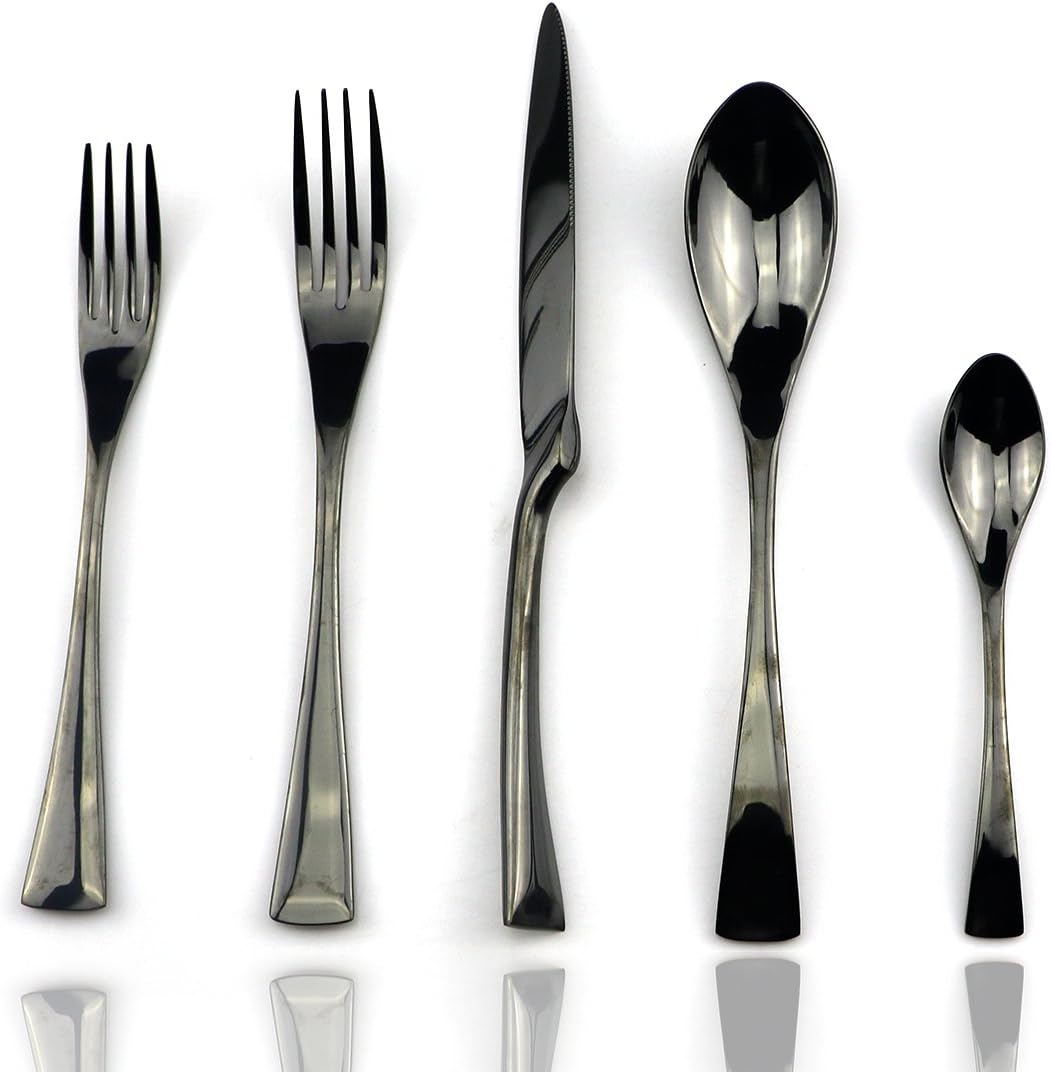 JASHII 18/10 Stainless Steel 20 Piece Mirror Polished Black Flatware Set,Dinner Knife Fork Salad Fork Coffee Spoon，Service for 4 ，Black Utensil Sets