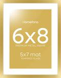 Homeforia 6x8 Picture Frame Gold, High End Metal 6 x 8 Frames with Mat 5 by 7 for Print, Photo Frame 6x8 Gold Matted to 5x7 inches Art, 6by8 Wall or Tabletop Frames, Tempered Glass, Wall Kit, Set of 1