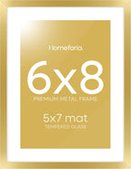 Homeforia 6x8 Picture Frame Gold, High End Metal 6 x 8 Frames with Mat 5 by 7 for Print, Photo Frame 6x8 Gold Matted to 5x7 inches Art, 6by8 Wall or Tabletop Frames, Tempered Glass, Wall Kit, Set of 1
