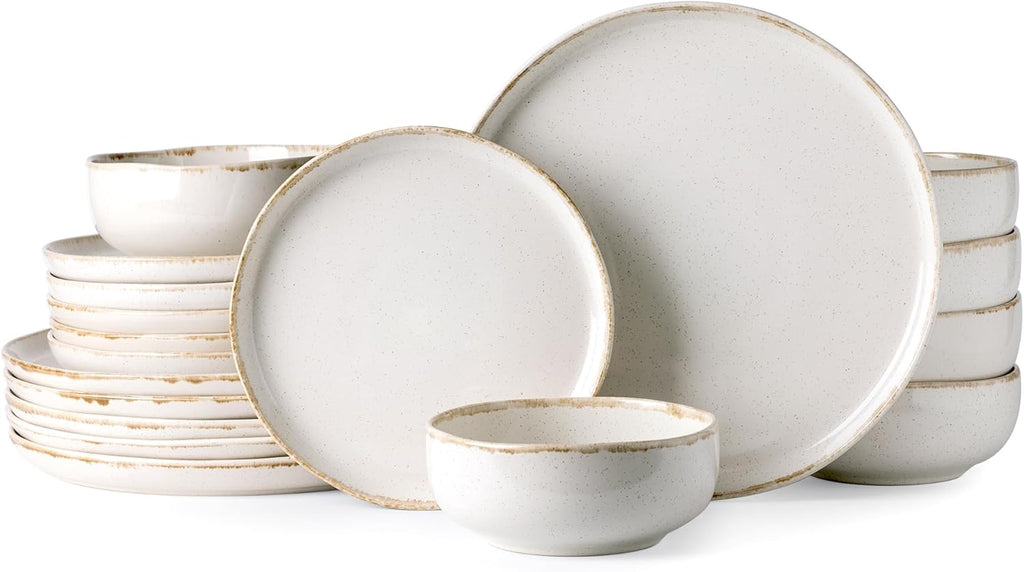 AmorArc Ceramic Dinnerware Sets, Wavy Rim Stoneware Plates and Bowls Sets, Highly Scratch Resistant | Dishwasher & Microwave Dishes set, Service for 6 (18pc)-Speckled Cappuccino