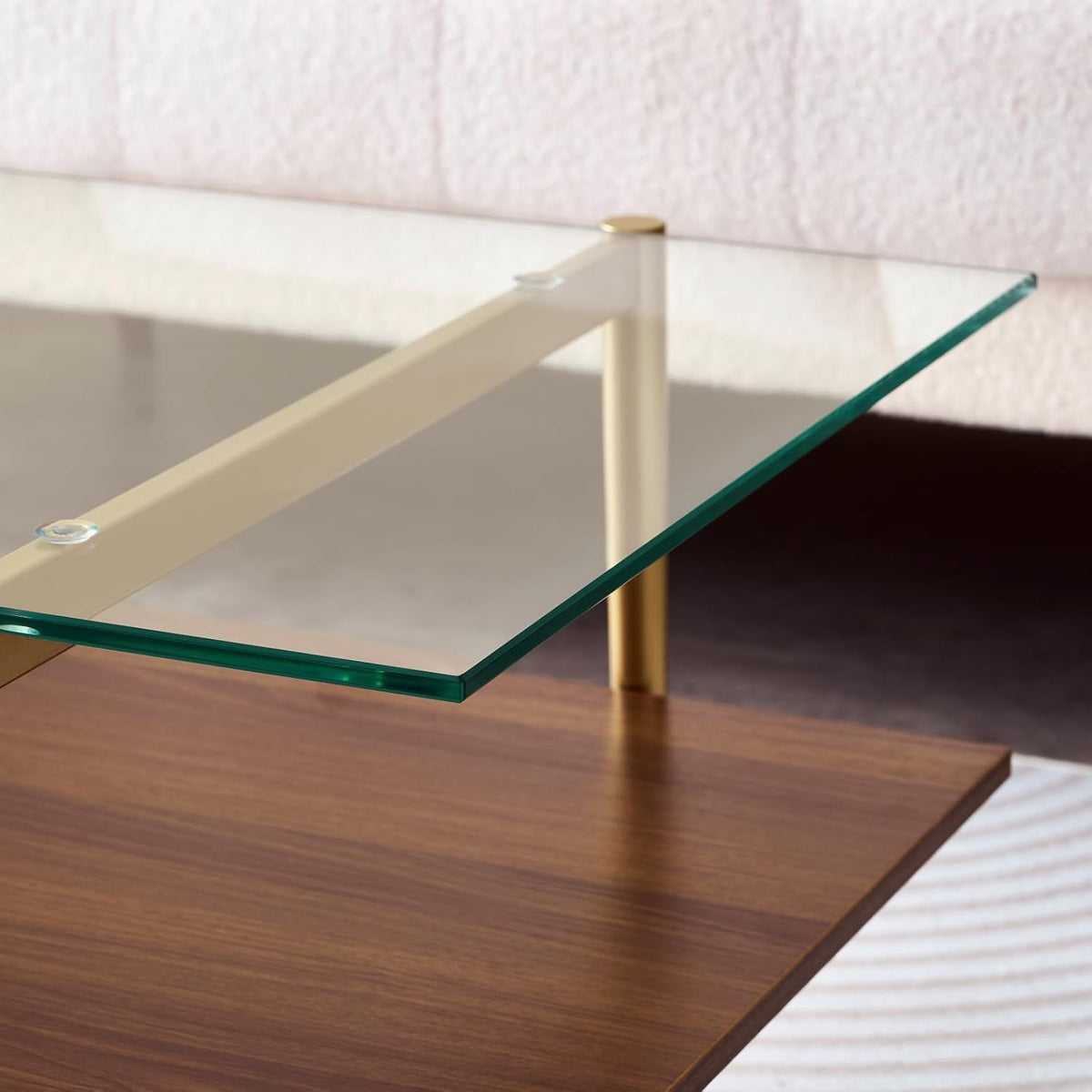 Rectangle Coffee Table, Mid-Century Modern Design, L41 W21 x H17, for Living Room, 2-Tier Structure, Clear Glass Top and Walnut MDF Shelf, Sleek Conical Metal Legs with Gold Finish