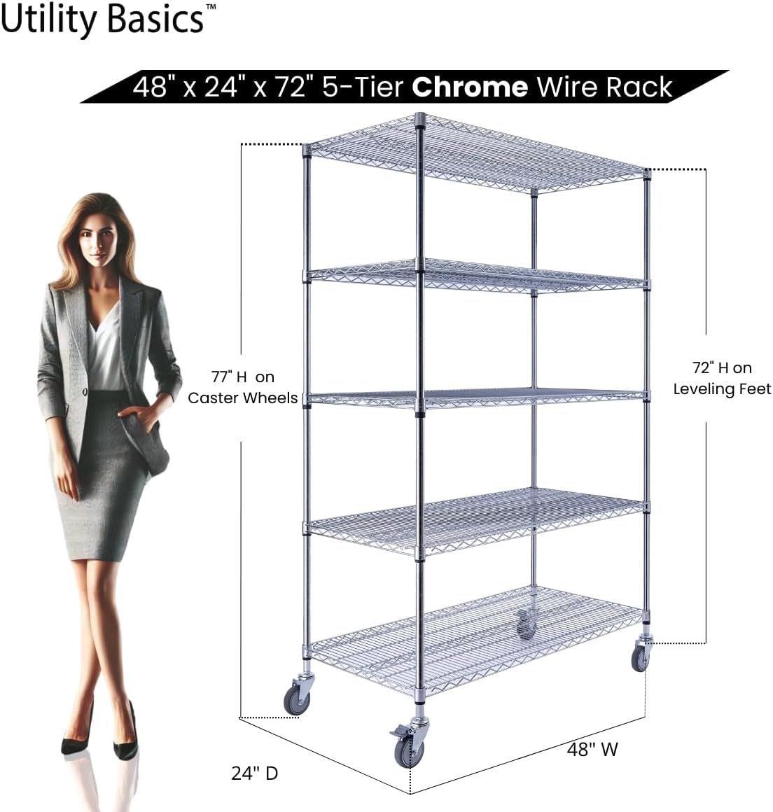 48"x24"x72" Chrome 5-Tier PREMIUM Wire Shelving NSF 4000 LBS MAX CAPACITY Heavy Duty Steel Storage Rack for Warehouses, Garages, Hospitals, Commercial Spaces, & Schools w/PREMIUM WHEELS