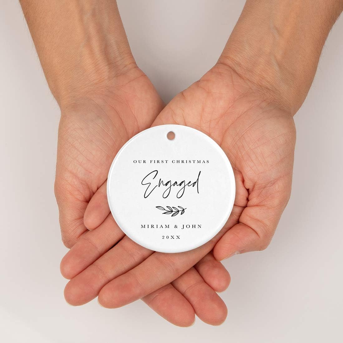 Andaz Press Personalized Wedding Engagement Round Ceramic Porcelain Christmas Ornament Engagement Keepsake Collectible Gift, Our First Christmas Engaged, Miriam & John 2024, Antique Handdrawn, 1-Pack