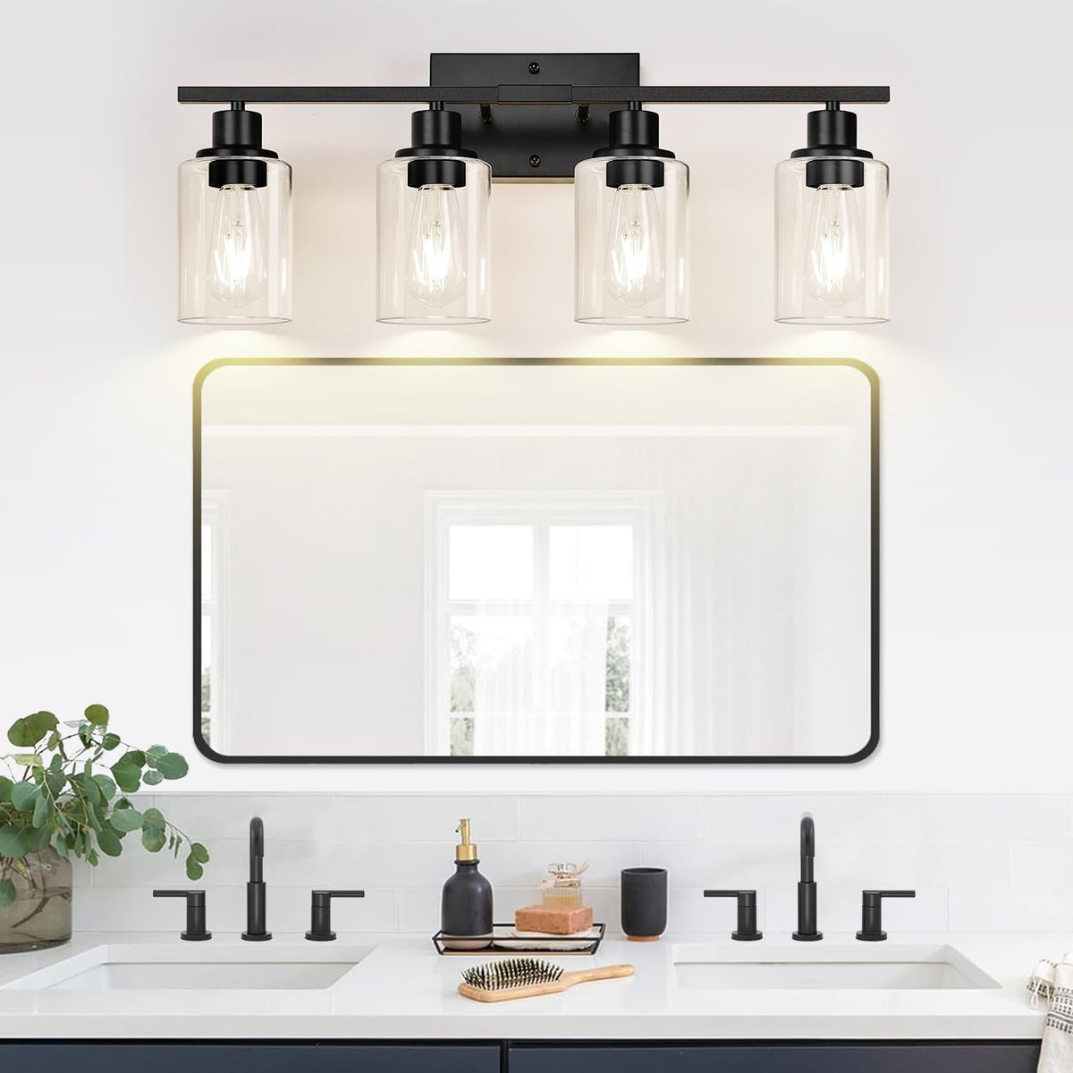 4-Light Bathroom Light Fixtures, Matte Black Modern Vanity Lights with Clear Glass Shades, Bathroom Wall Lamp for Mirror Living Room Cabinet Bedroom Porch
