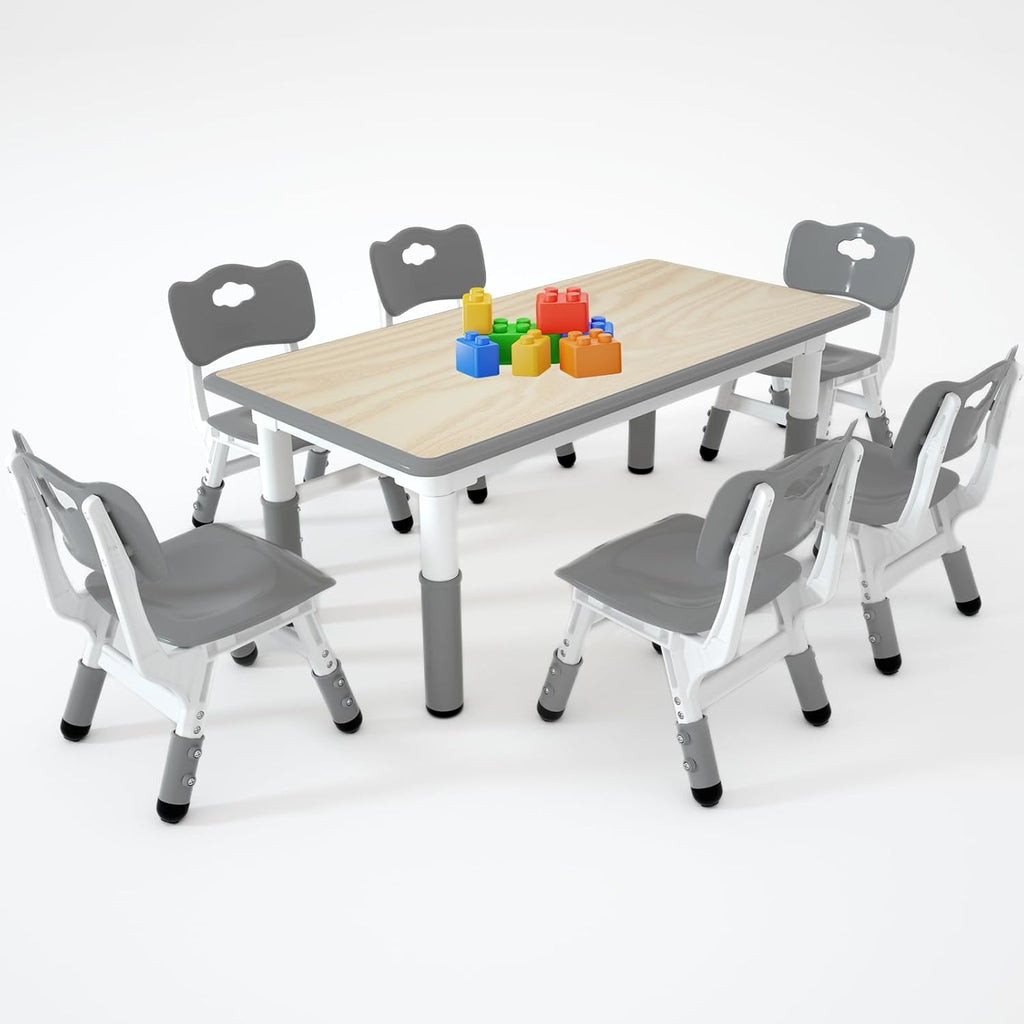 Kids Study Table and 6 Chairs Set,Height Adjustable Table and Chairs for Children and Toddlers,47.2"X23.6"Graffiti Desktop,Suitable for Daycare,Classrooms, Home