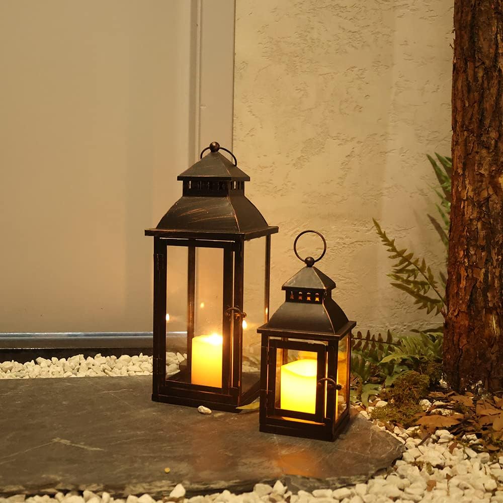 NEEDOMO Bronze Metal Lanterns Decorative Outdoor & Indoor, Set of 4 (17" & 10") with Glass, Candle Holder for Porch, Patio, Garden, Balcony, Wedding, Table Centerpiece Decorations