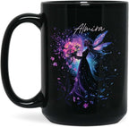Personalized Beautiful Fairy Holding Flower Coffee Mug, Custom Name Ceramic Cup 11oz 15oz, Enchanted Fantasy Themed Mug, Custom Fairy Lovers Black Cup, Kids Mug, Elegant Fairy Mug