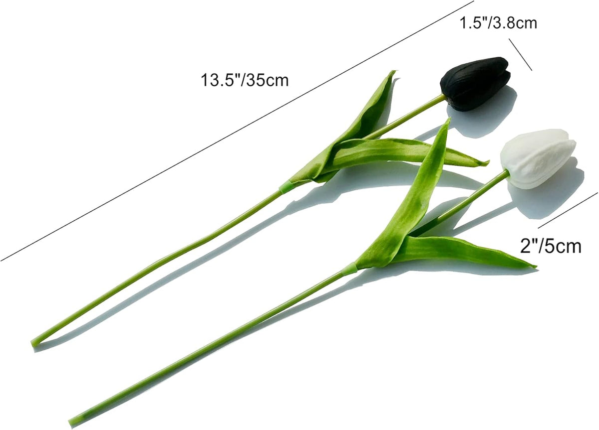 Mandy's Artificial Tulips 20 Stems Black and White PU Faux Flowers for Wedding Home Decor 13.5 Inch