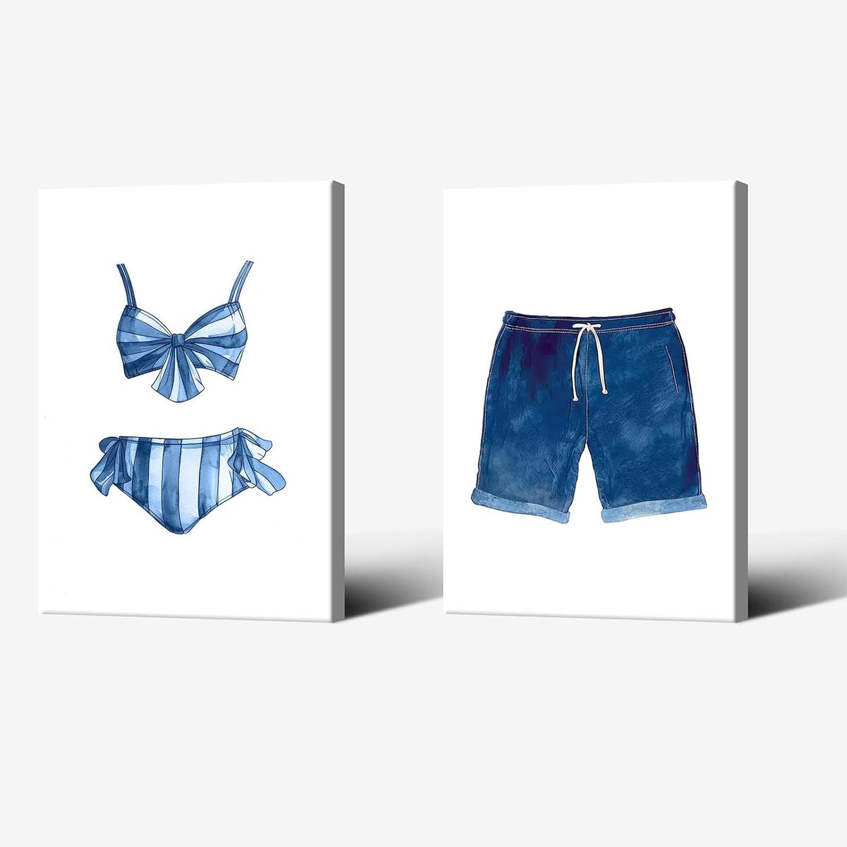 Liyark Set of 2 Retro Navy Blue And White Swimsuit Art Posters Beach Bathing Suit Prints Painting Beach House Wall Art Coastal Wall Decor Pictures For Bathroom Home Decoration 12x16in Framed