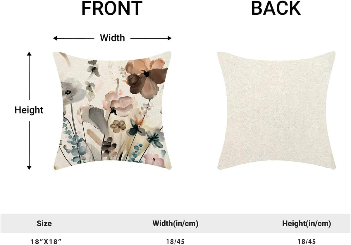 CXMEIFLY Spring Floral Pillow Covers 18 x 18 Inch Set of 2 for Watercolor Flowers Decor Throw Pillows Teal Brown Leaves Plant Floral Outdoor Decorative Cushion Cases for Couch Bed Decorations
