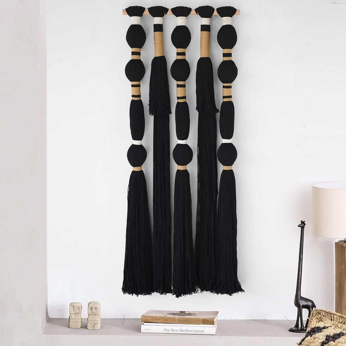 Macrame Wall Hanging Black Sphericity Cotton Tassels Textile Hanging Geometric Yarn Wall Art for Bedroom Living Room Decor 15.7" W x 39" L