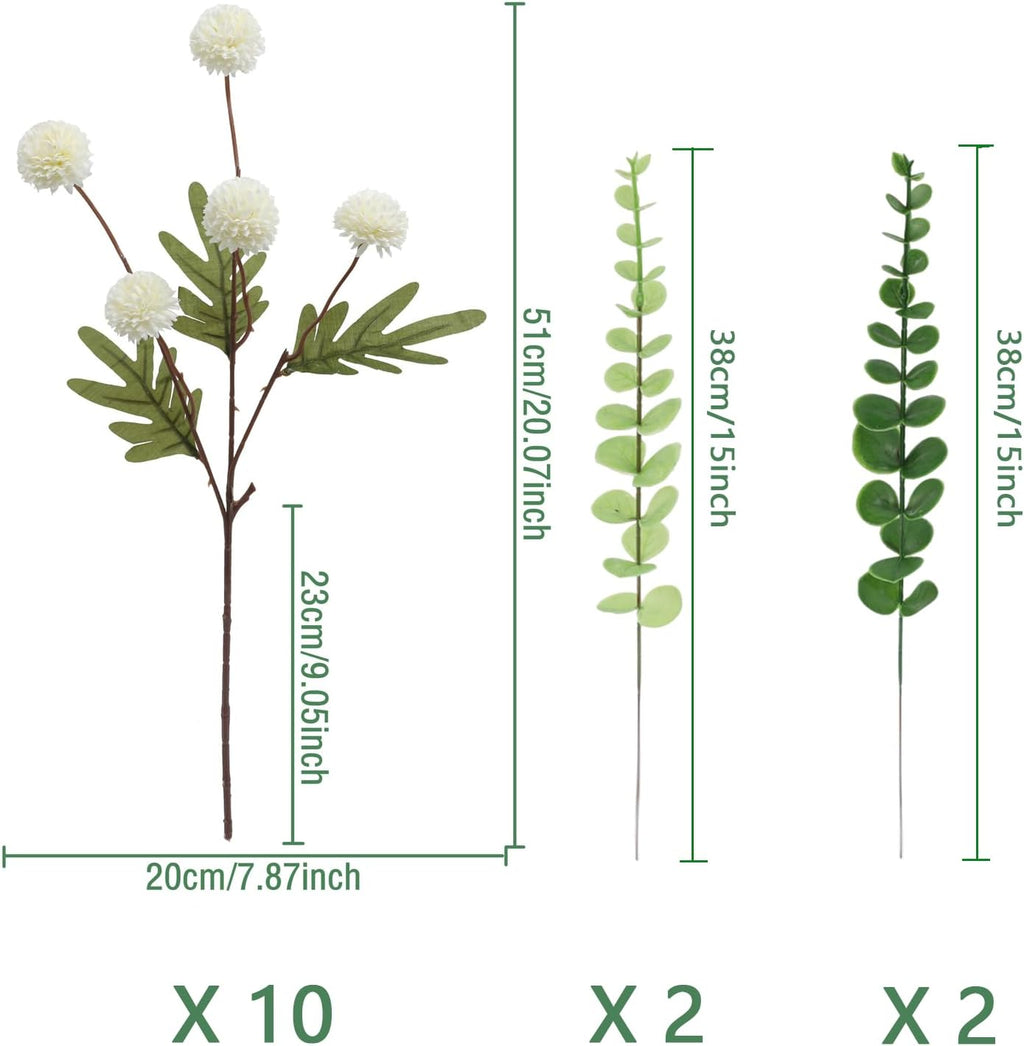 Faux White Kiku Flower, 10 Stems with 5 Heads Each & 4 Branches Eucalyptus Stems, Artificial Small Mini Chrysanthemum Flowers for Aesthetic Room Decor, Floral Arrangements Centerpiece