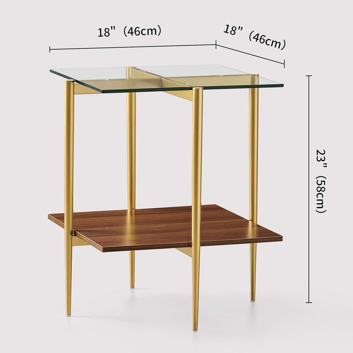 Glass End Table, Mid-Century Modern Design Sofa Table, for Living Room, 2-Tier Structure, Clear Glass Top and Walnut MDF Shelf, Sleek Conical Metal Legs with Gold Finish Frame