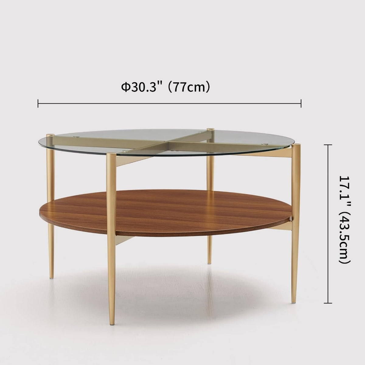 Round Coffee Table, Mid-Century Modern Design, D30“ x H17”, for Living Room, 2-Tier Structure, Clear Glass Top and Walnut MDF Shelf, Sleek Conical Metal Legs with Gold Finish