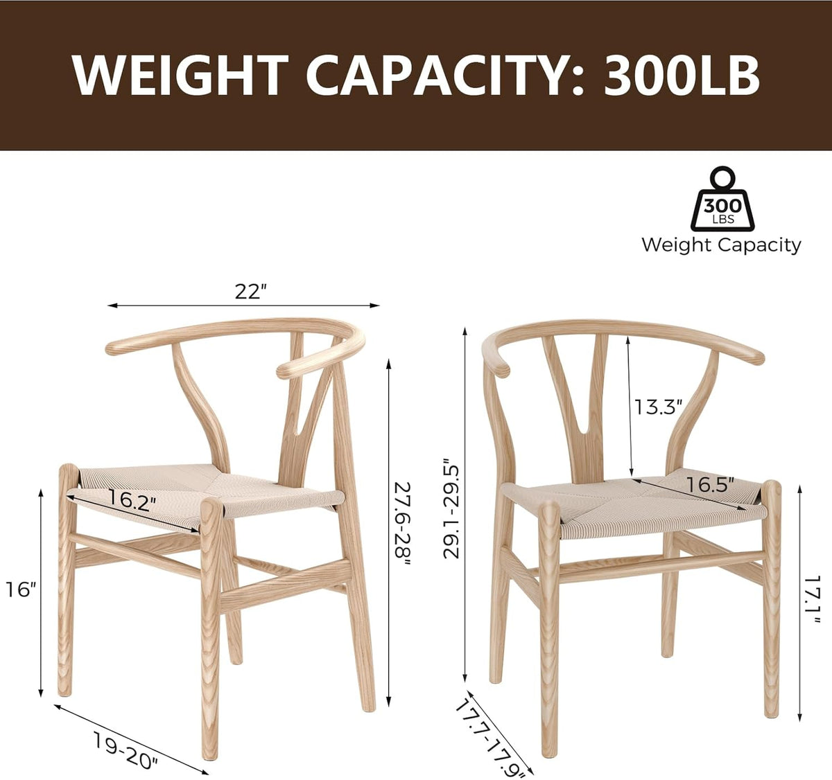 Wishbone Chair Natural Solid Wood Dining Chair/Hans Vegner Y Chair Rattan and Wood Accent Armrest Chair (Ash Wood + Natural Wood Color)