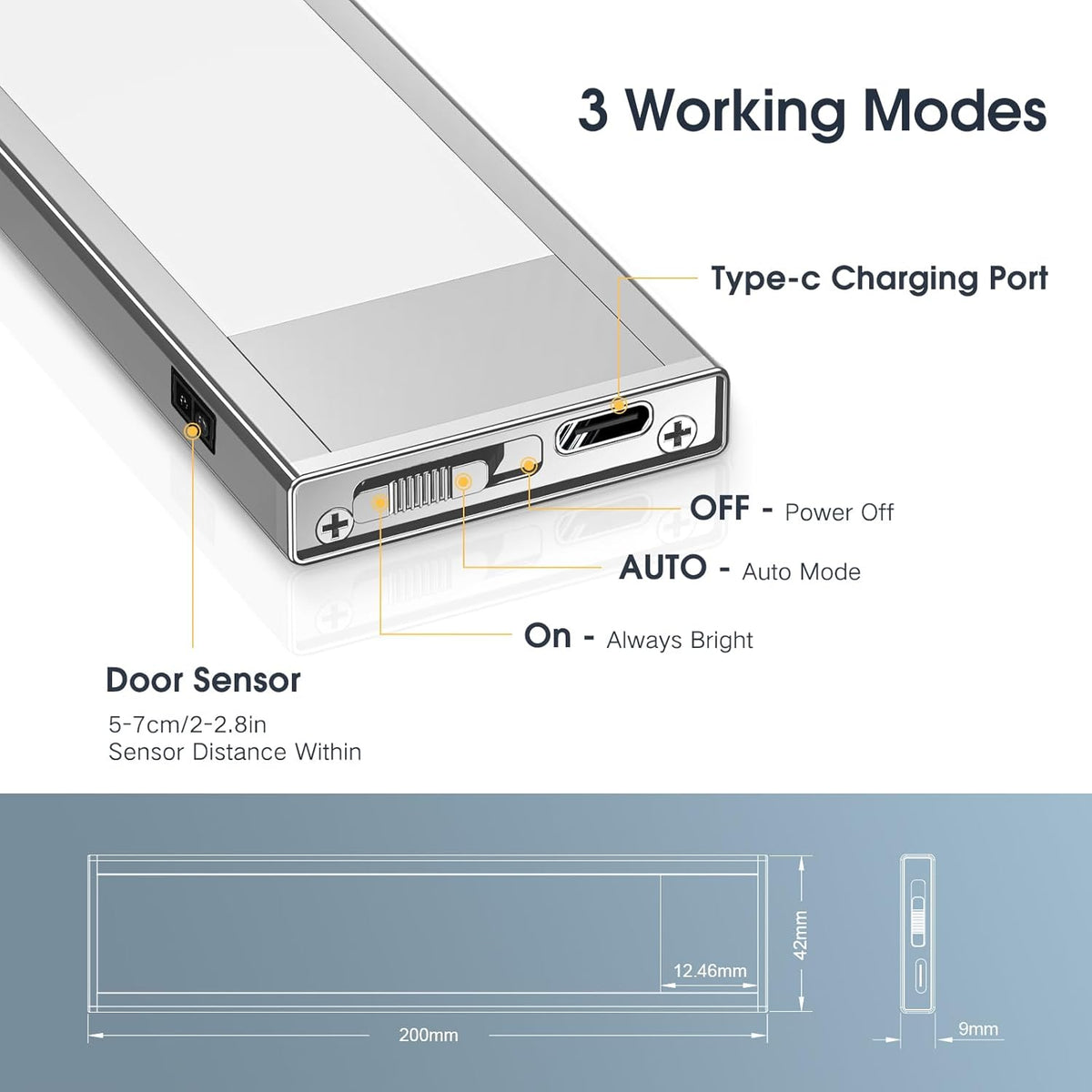 VST Rechargeable Drawer Lighting, Door Open Automatic ON/Off Light, Stick-ON LED Cabinet Light for Wardrobe Kitchen Basement Trunk Pantry Gun Safe (2 Pack, Warm Light - 3000K)