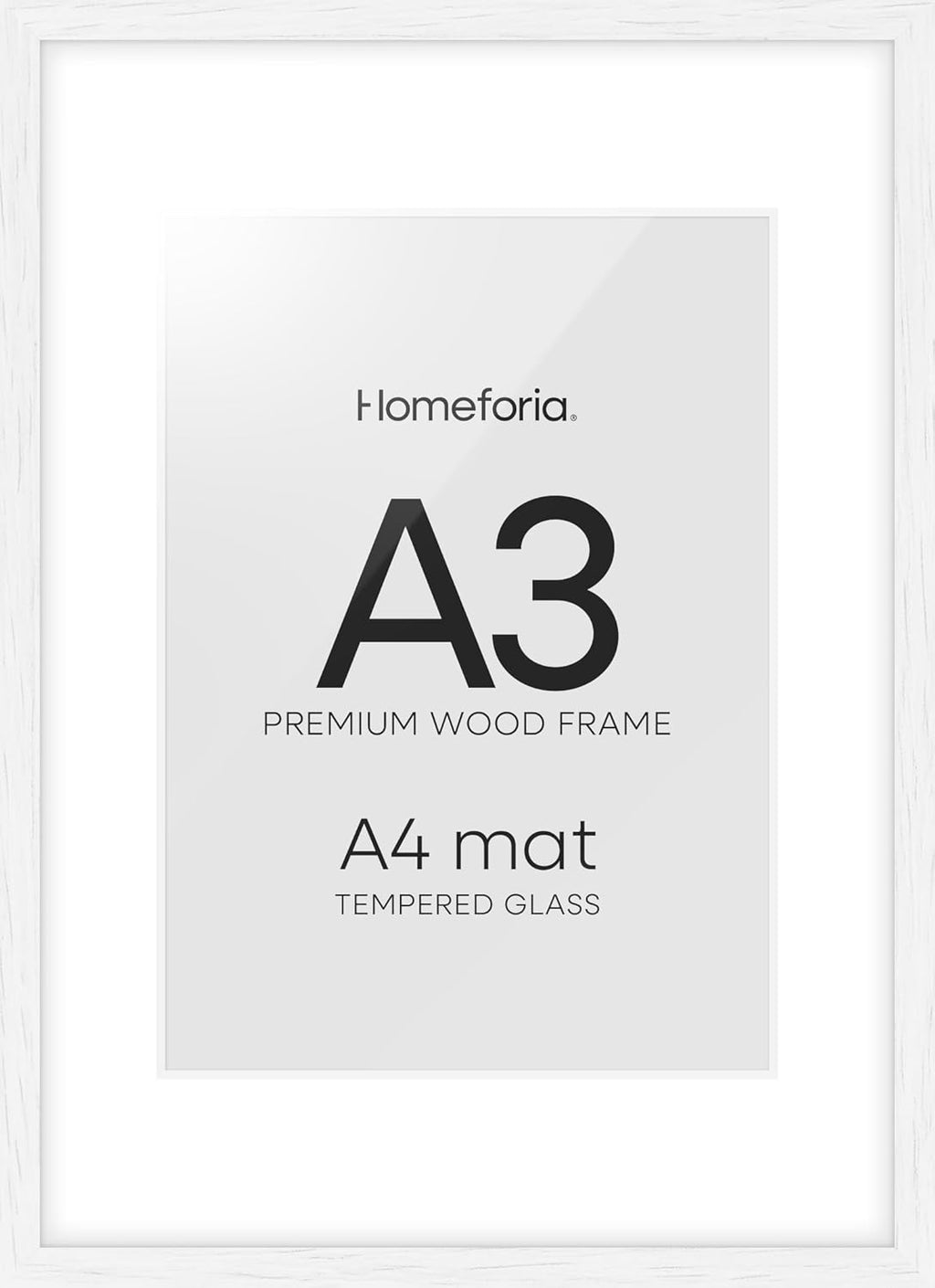 Homeforia A3 Picture Frame White Wood, High-End Oak 11.7 x 16.5 White Poster Frames Matted to 8.3 by 11.7 Photo, 11.7x16.5 Size Wooden Frame with Mat 8.3x11.7 Print, Tempered Glass, Wall Kit, Set of 1