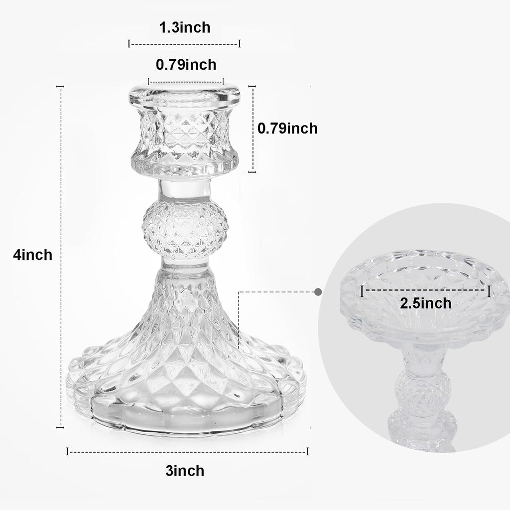 Candlestick Holders Set of 12-4" H Crystal Taper Candle Holders, Thick Glass Candle Stand with Diamond Pattern for Table, Wedding, Party, Church Decoration, Home Decor