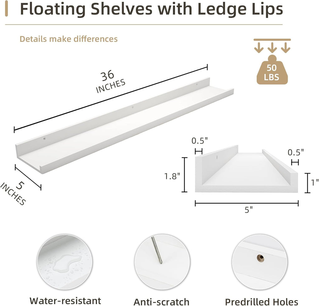 Picture Ledge Shelf, Wood Floating Shelves Set of 2, 36 inch Picture Ledge Shelves, Photo Ledge Nursery Book Shelves Wall Mounted for Living Room Kids' Room Bedroom, Color White