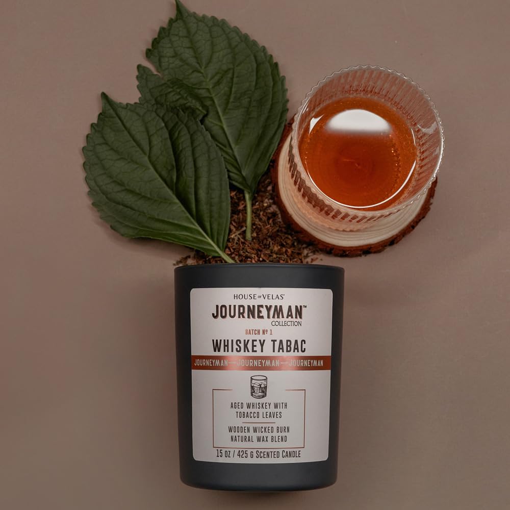 Journeyman Collection Candle, 15oz, Wooden Wick, Whiskey Tabac, Large Painted Jar