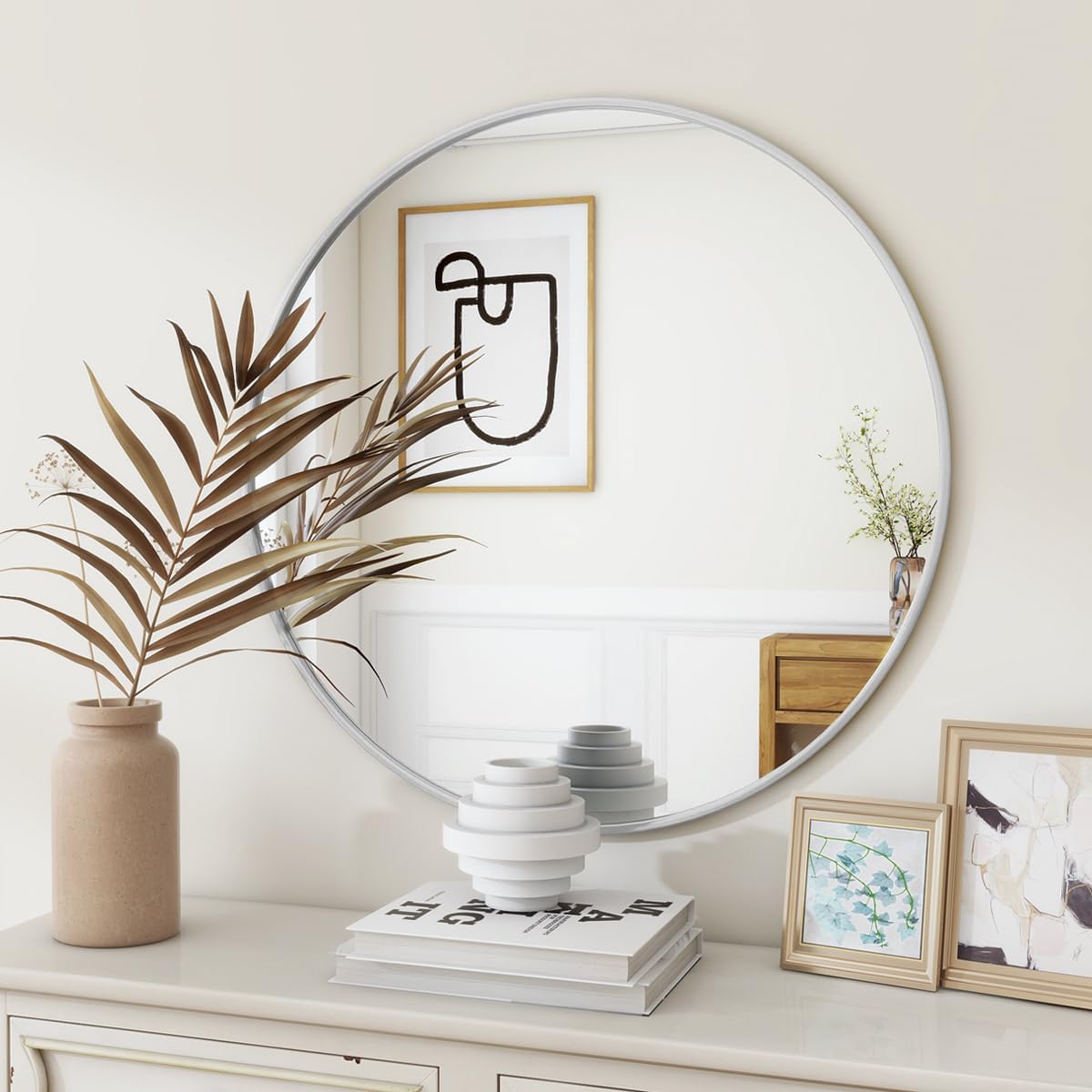 BEAUTYPEAK 30 Inch Round Mirror, Metal Frame Circle Mirror, Wall Mounted for Entryway, Bathroom, Vanity, Living Room, White