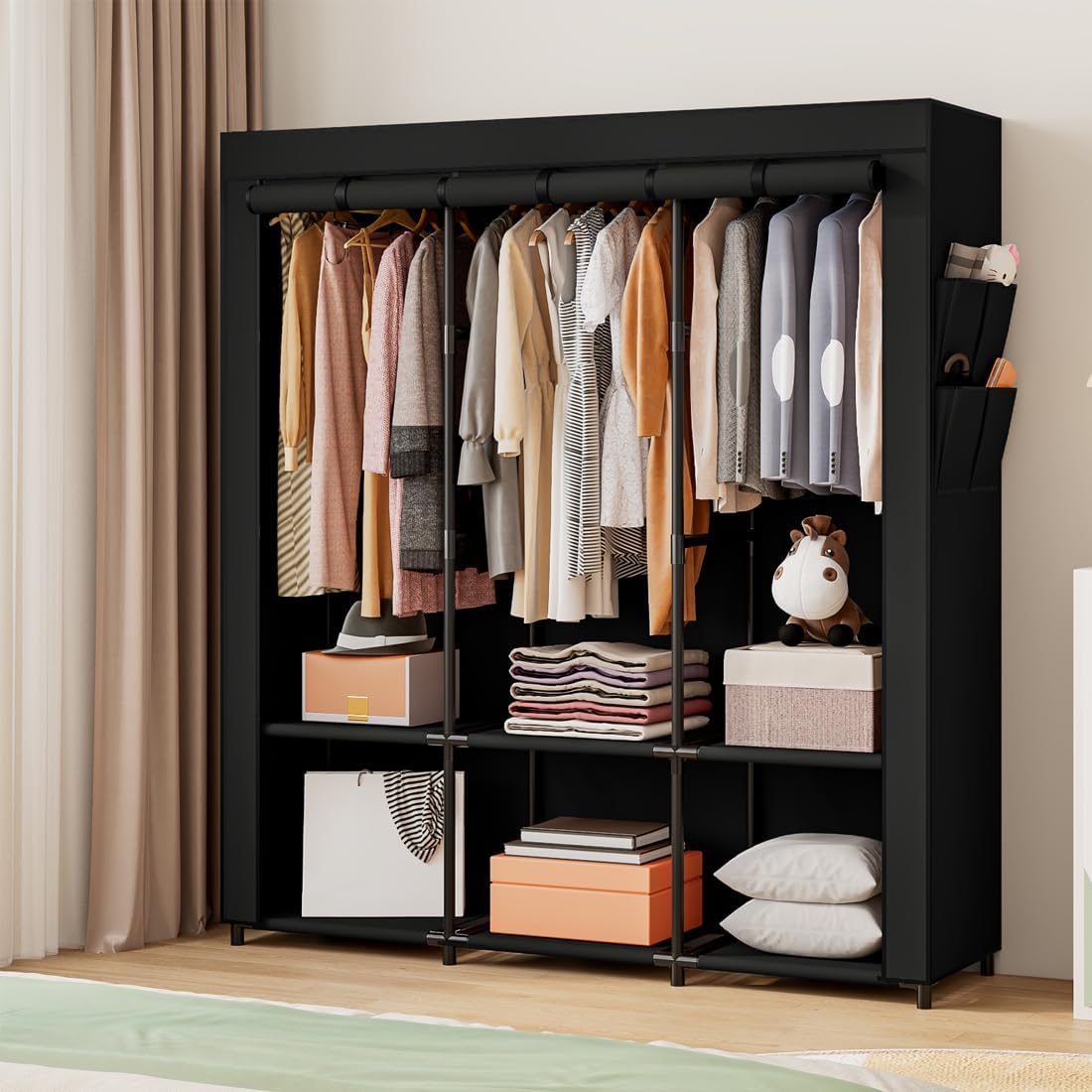 SORCEDAS Portable Closet Wardrobe Storage Organizer Metal Hanging Rack Non-Woven Fabric 50 Inch (Black)