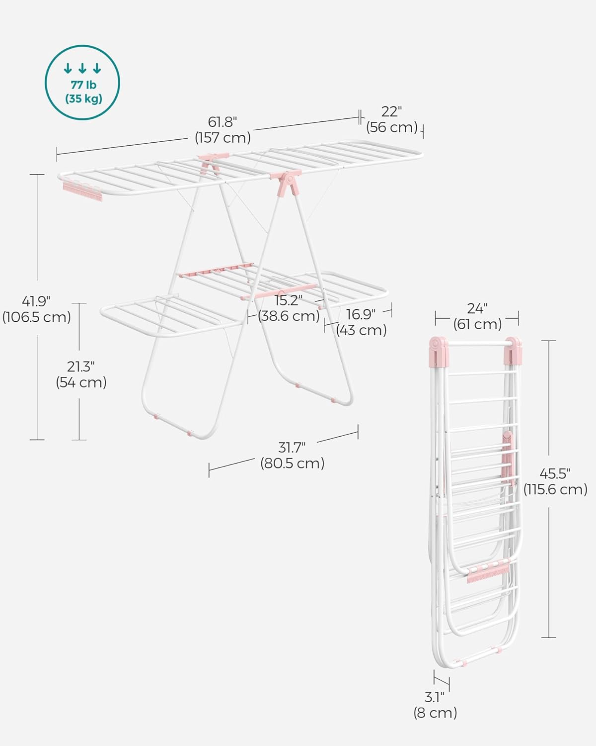 SONGMICS Clothes Drying Rack, Foldable 2-Level Laundry Drying Rack, Free-Standing Laundry Airer, with Height-Adjustable Wings, 33 Drying Rails, Sock Clips, White and Pink ULLR053P01V1