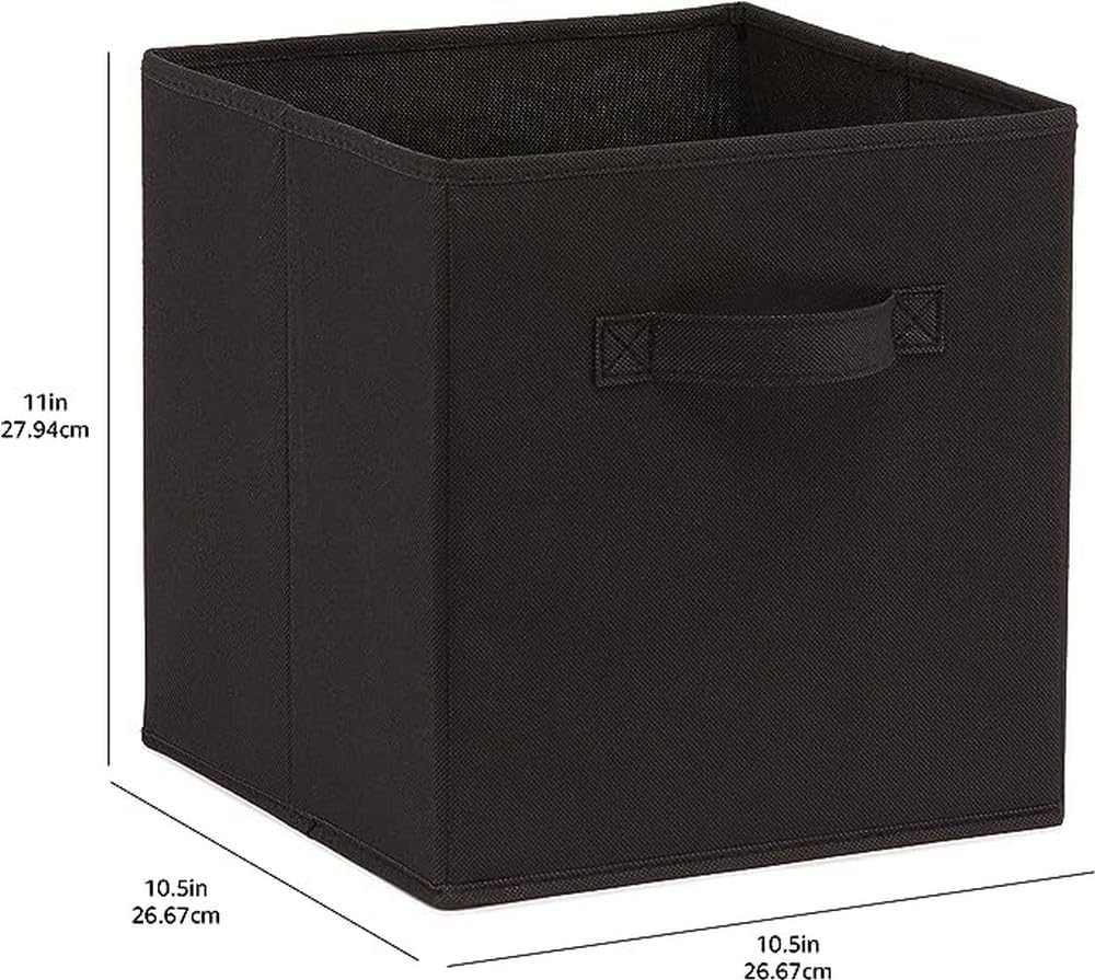 Amazon Basics Collapsible Fabric Storage Cubes Organizer with Handles, Sturdy, Black, 10.5-x-10.5-x-11-inch, Pack of 6
