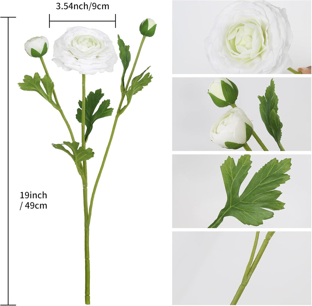 IPOPU 4PCS Real Touch White Ranunculus Artificial Flowers Faux Ranunculus Flowers for Vase Real Look Silk Peonies Fake Peony Flowers for Home Indoor Wedding Centerpieces for Table Decorations (White)