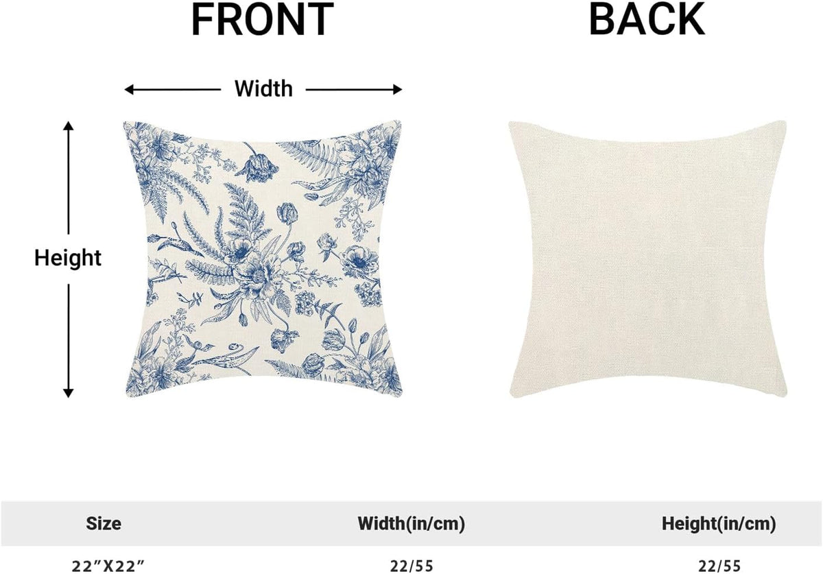 CXMEIFLY Spring Floral Leaves Pillow Covers 22 x 22 Inch Set of 2 for Chinoiserie Flowers Decor Throw Pillows Blue and White Seasonal Plant Outdoor Decorative Cushion Cases for Couch Bed Decorations