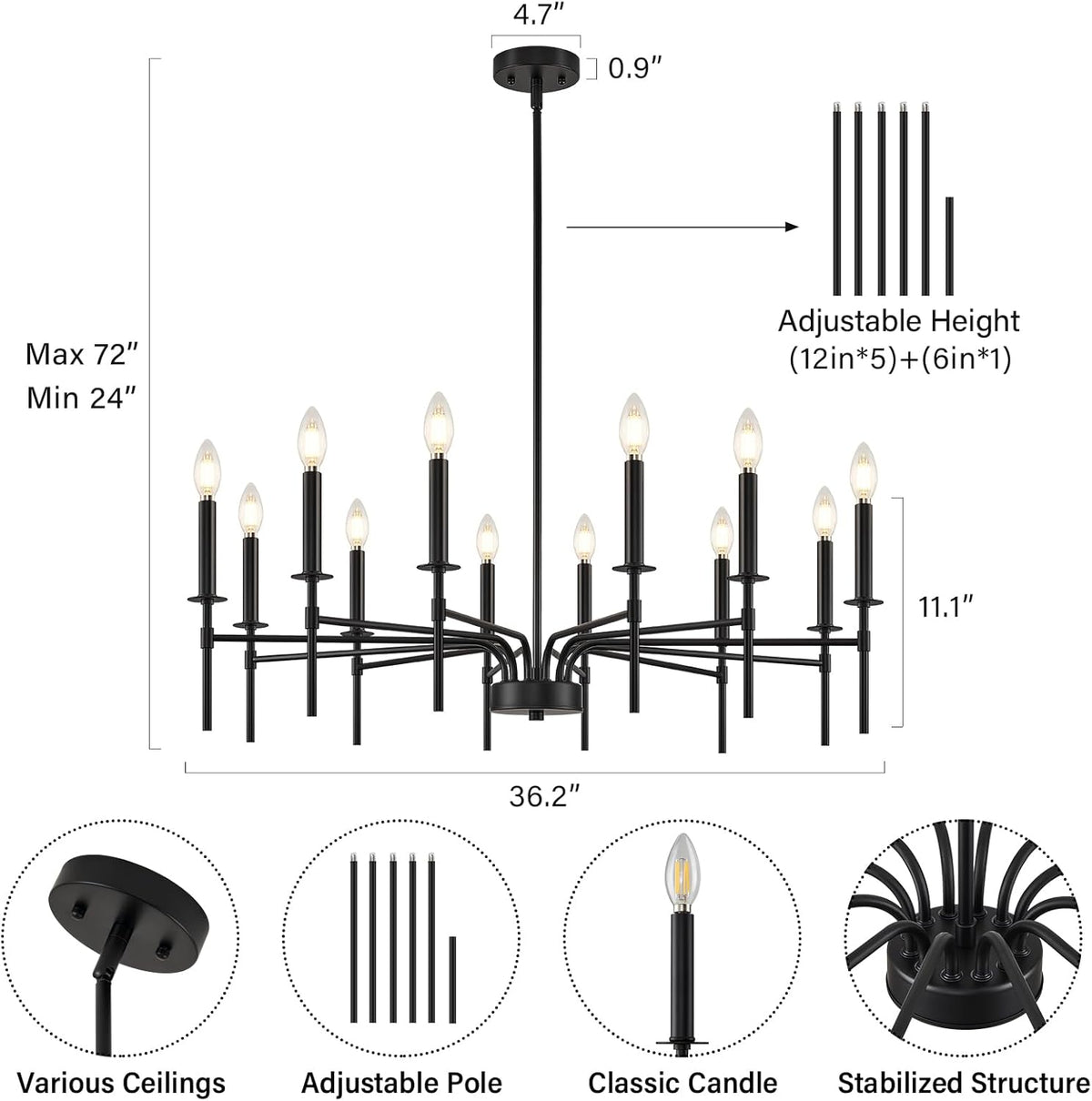 12 Light Black Chandelier Light Fixture, Modern Farmhouse Chandeliers for Dining Room Light Fixture, Metal Candle Pendant Chandelier for Foyer Entryway Stairs Living Room Bedroom Kitchen