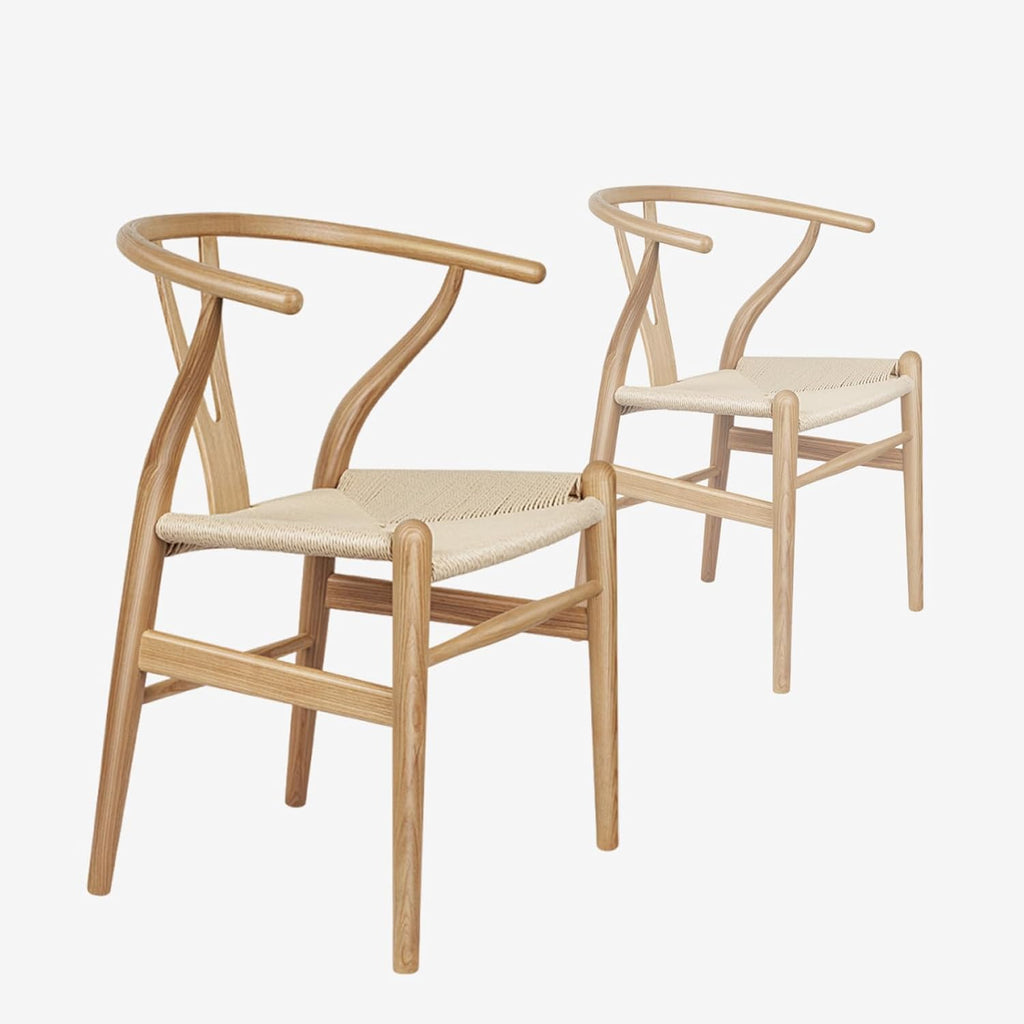 Wishbone Chair Natural Solid Wood Dining Chair/Hans Vegner Y Chair Rattan and Wood Accent Armrest Chairs (Ash Wood + Natural Color)