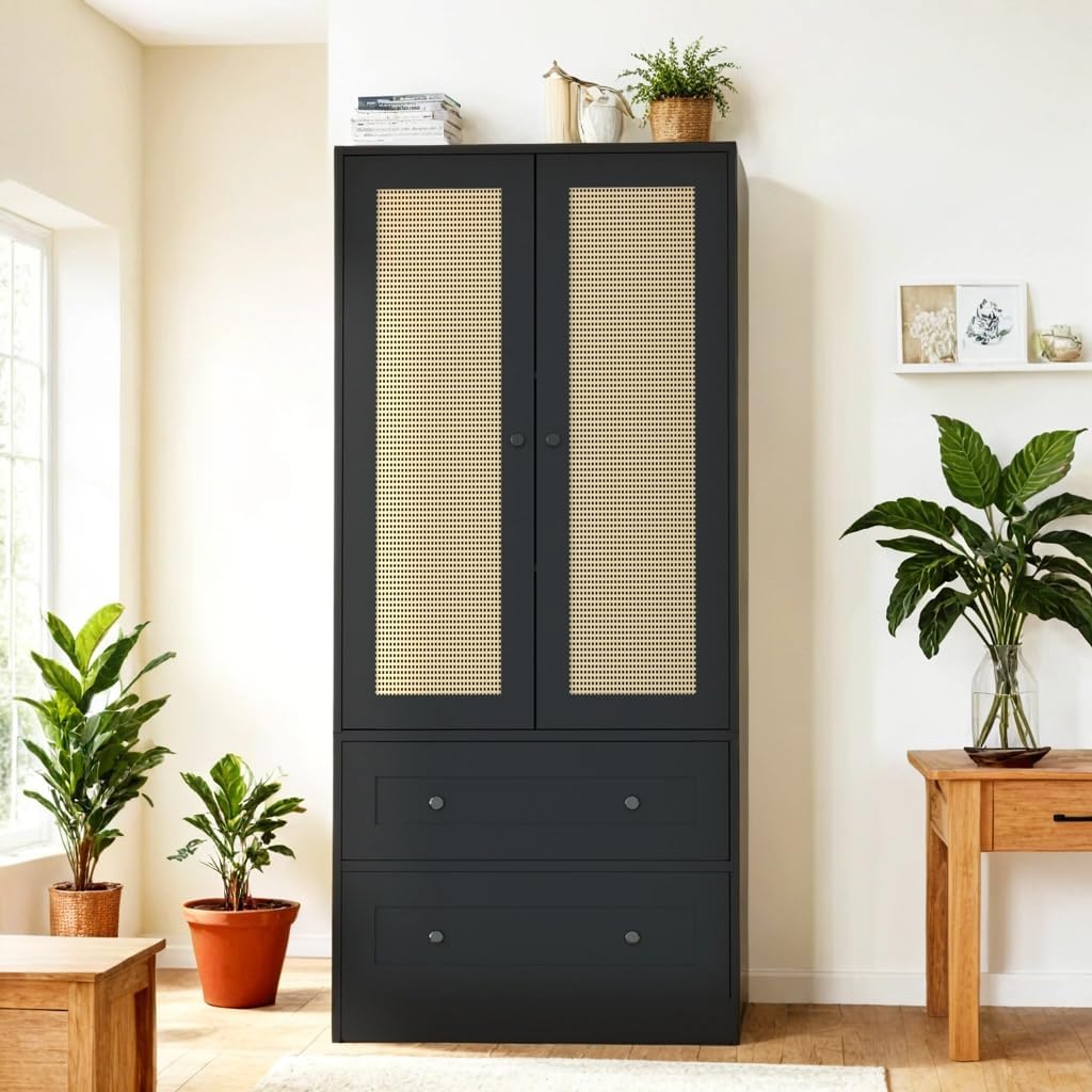 64.2" Tall Rattan Black Kitchen Pantry, Storage Cabinet with Doors and Drawers, Freestanding Wooden Organizer for Kitchen, Dining Room