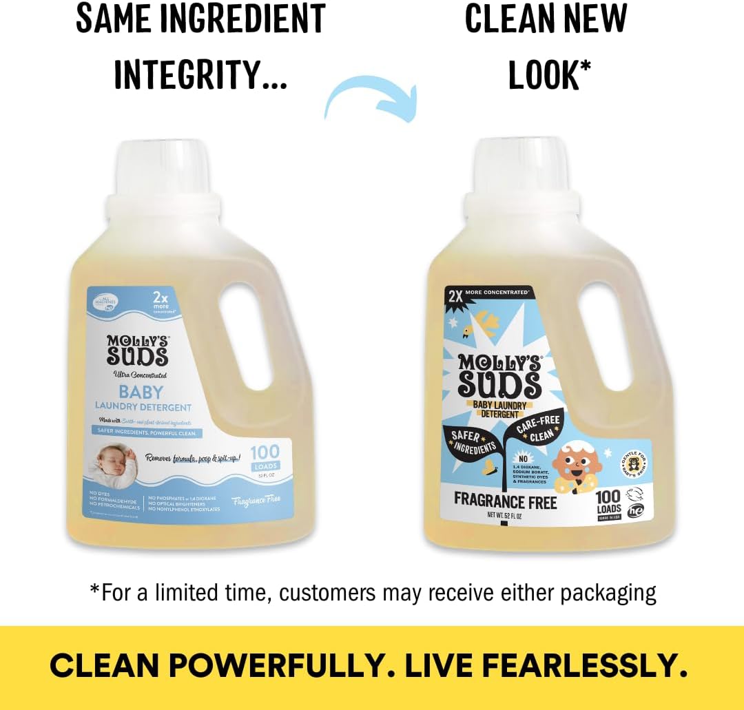 Molly's Suds Baby Liquid Laundry Detergent | Removes Formula, Poop & Spit-Up Stains | Extra Gentle for Infants, Babies, Toddlers (Fragrance Free, 200 Loads)