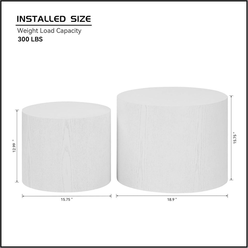 Nesting Coffee Table Set of 2, Modern Round Coffee Table with Non-Slip Feet, Wooden Circle Accent Tables for Small Spaces Living Room Bedroom Balcony Office Drum Side Table (White)