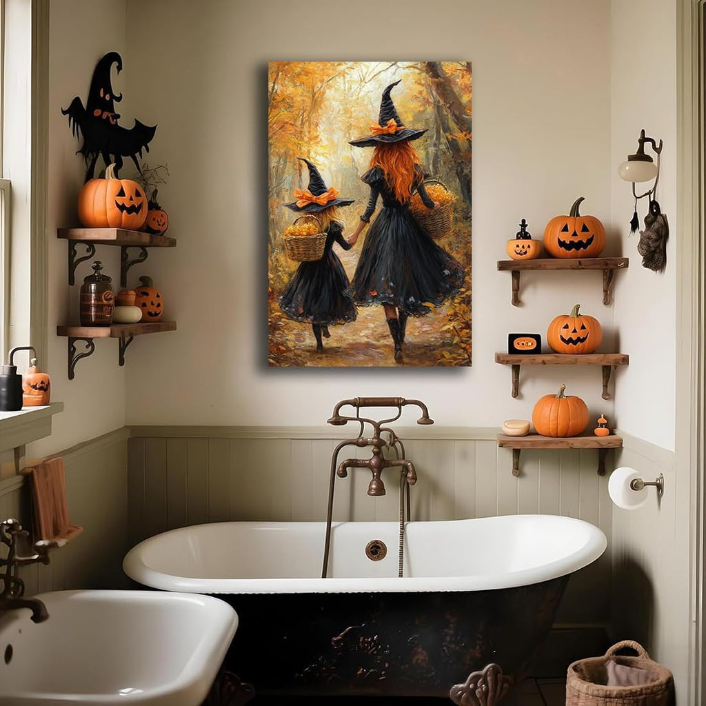 Mother Witch And Child Daughter Witch Wall Art,Halloween Autumn Woodland Forest Path Picture,Family Room Nursery Playroom Kids Room Decor,8"x12" Framed