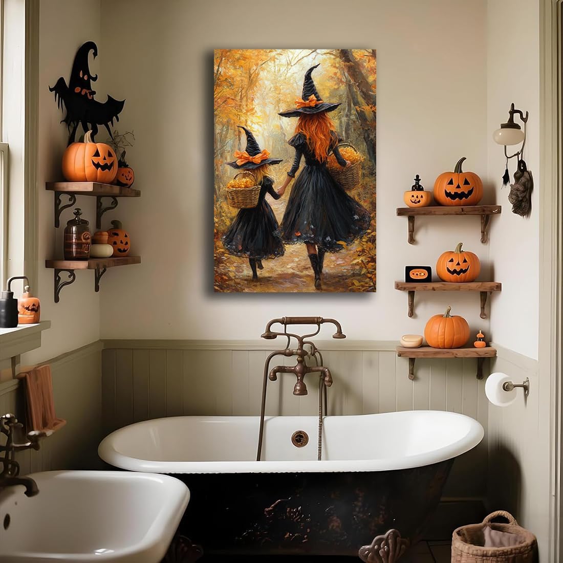 Mother Witch And Child Daughter Witch Wall Art,Halloween Autumn Woodland Forest Path Picture,Family Room Nursery Playroom Kids Room Decor,8"x12" Framed