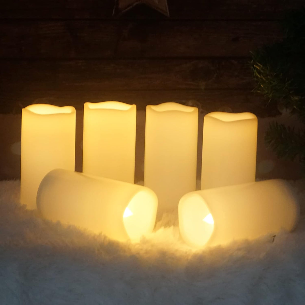 CANDLE CHOICE Waterproof Outdoor Battery Operated Flameless Candles Remote Timer Ivory Plastic Realistic Flickering Fake Electric LED Pillars Lantern Garden Wedding Christmas Decorations 3”x6” 6 Pack