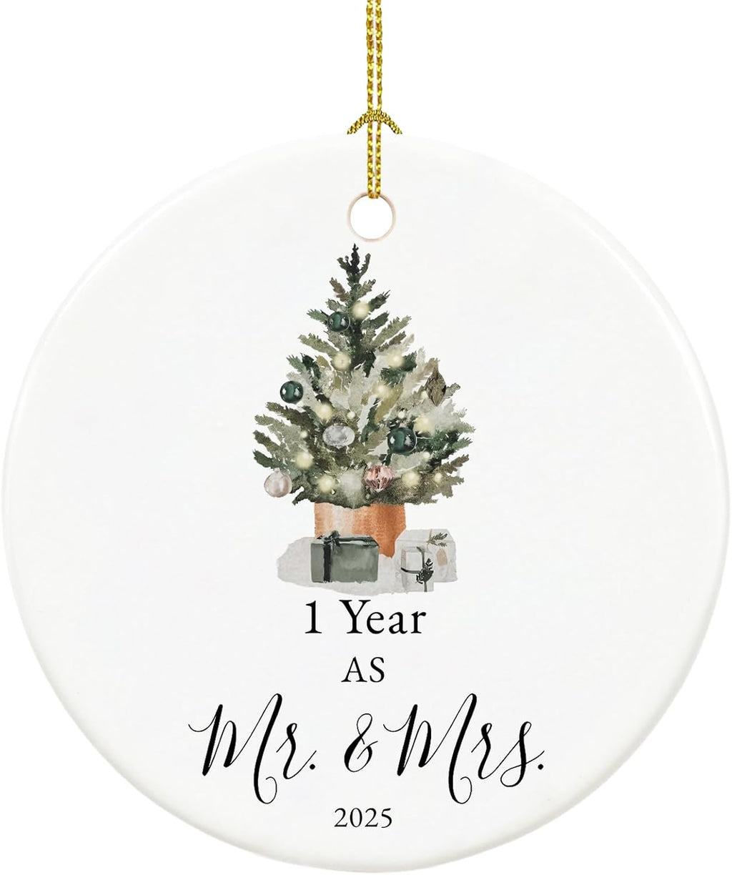 First Anniversary Ornament Gifts for Couple, Wedding Keepsake for 1 Year as Mr and Mrs, Ceramic Christmas Ornament With Ribbon and Box