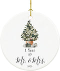 First Anniversary Ornament Gifts for Couple, Wedding Keepsake for 1 Year as Mr and Mrs, Ceramic Christmas Ornament With Ribbon and Box