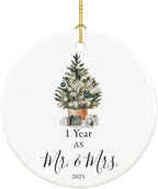 First Anniversary Ornament Gifts for Couple, Wedding Keepsake for 1 Year as Mr and Mrs, Ceramic Christmas Ornament With Ribbon and Box