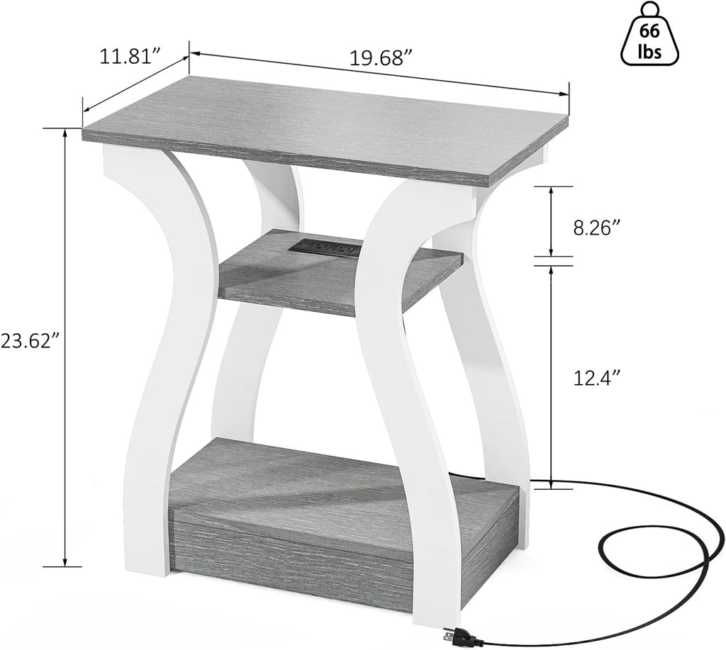 End Tables Living Room, Grey End Table with Charging Station, Grey Side Table, Nightstand for Bedroom, 3 Tier End Table with Storage Shelf for Living Room