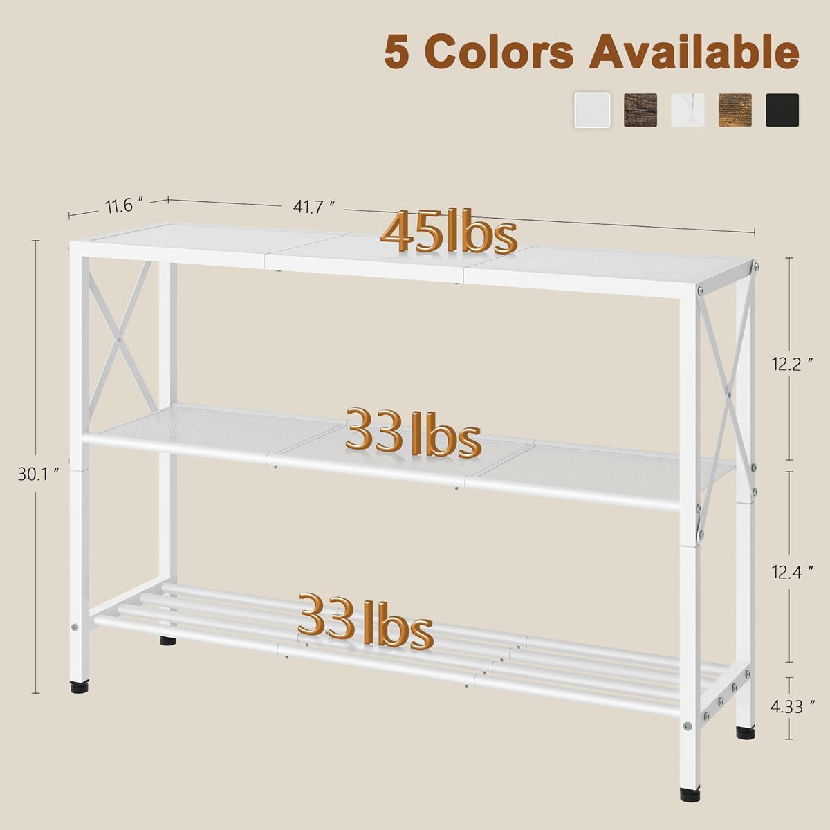 Hoctieon White Industrial Console Table, 3 Tier Entryway Tables, Hallway Desk, Narrow Sofa Tables with Shelves, Entrance Table for Entryway, Living Room, Foyer, Hallway, Office, White