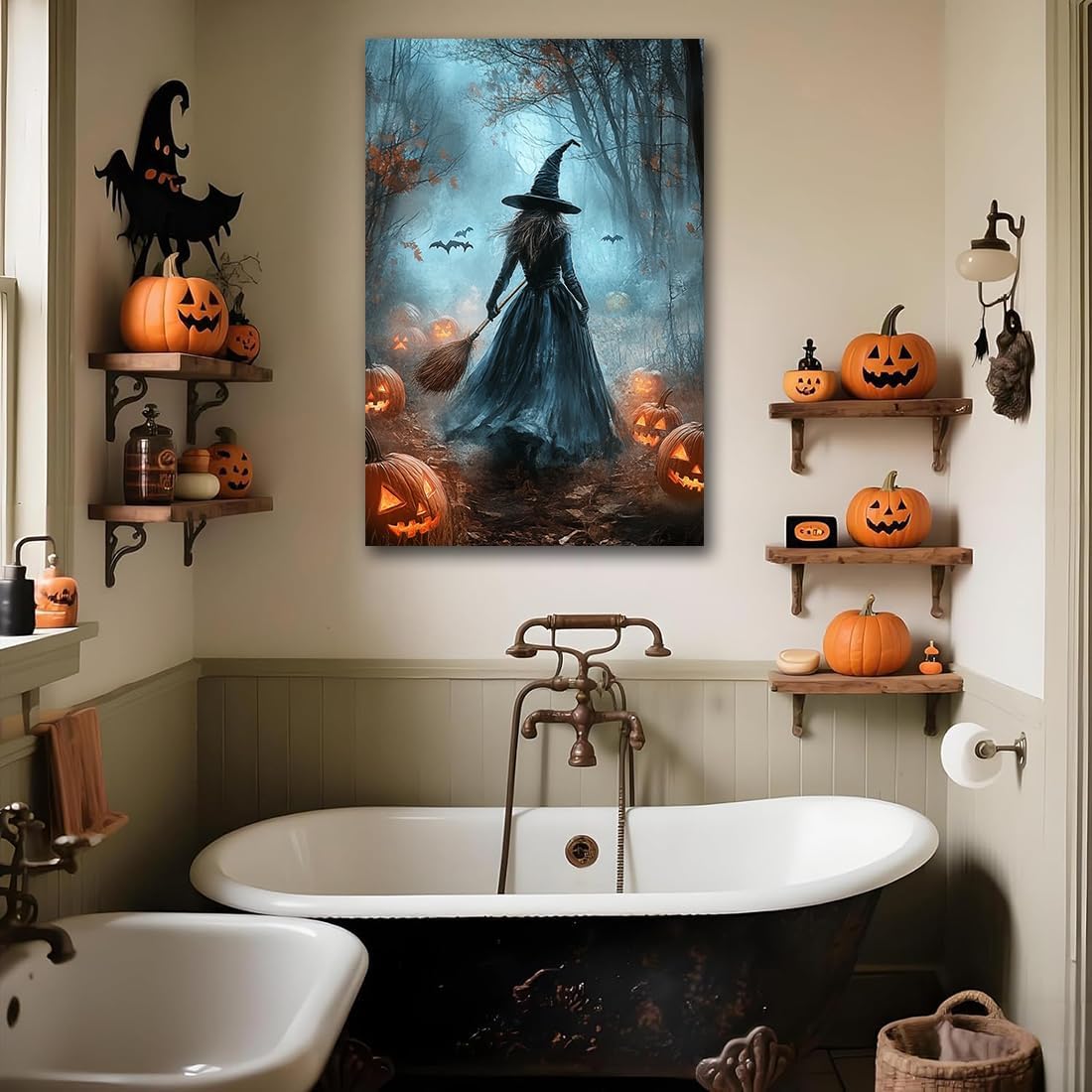 Vintage Moody Halloween Witch Artwork Wall Decor,Spooky Halloween Gothic Canvas Artwork Creepy Horror Witch with A Broom Pumpkin Bats Rustic Forest Picture,Dark Academia Poster,16"x24" Unframed