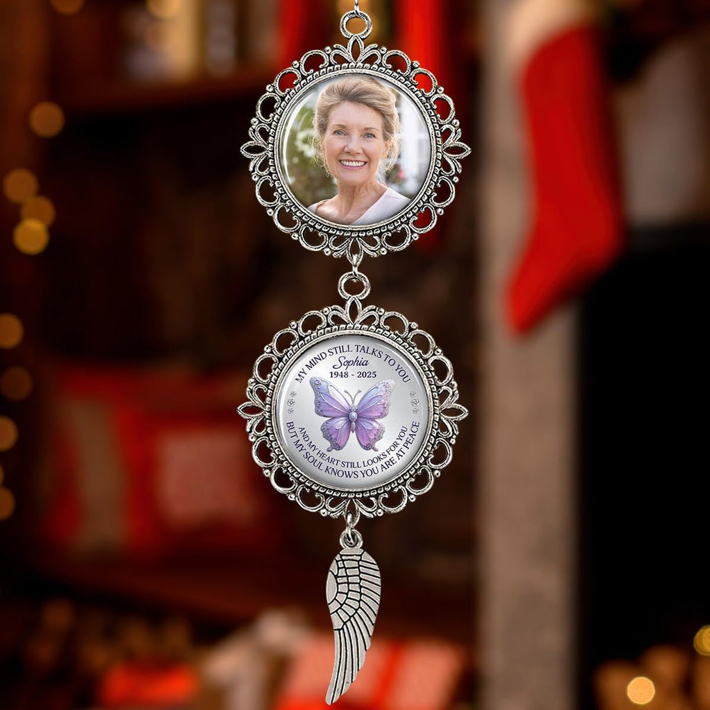 Metal Memorial Ornament with Custom Photo - My Mind Still Talks to You Charming Christmas Ornament Car Hanging Charm Remembrance Sympathy Gift for Loss of Loved Ones Grieving Keepsake