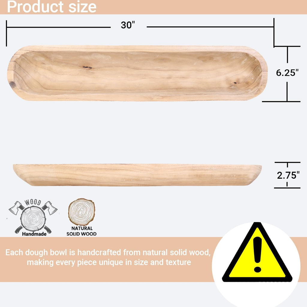 Athaliah Wooden Dough Bowl, 30 Inch Hand Carved Rustic Long Wood Dough Bowls for Decor, Vintage Decorative dough bowl for Table Centerpiece (30 Inch-Brown)