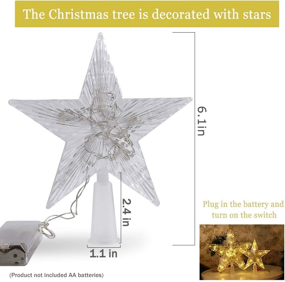 Small Christmas Tree Topper Star with LED Lighted 6" Star Treetop Rustic Holiday Tree Toppers Battery Powered for Indoor Xmas Ornaments Party Home Decoration Warm White