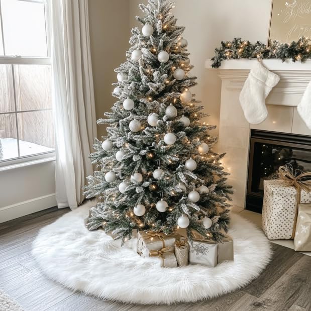 AISENO 72 Inch White Faux Fur Christmas Tree Skirt, Luxury Plush Tree Base Cover for Holiday Party and Home Christmas Decor