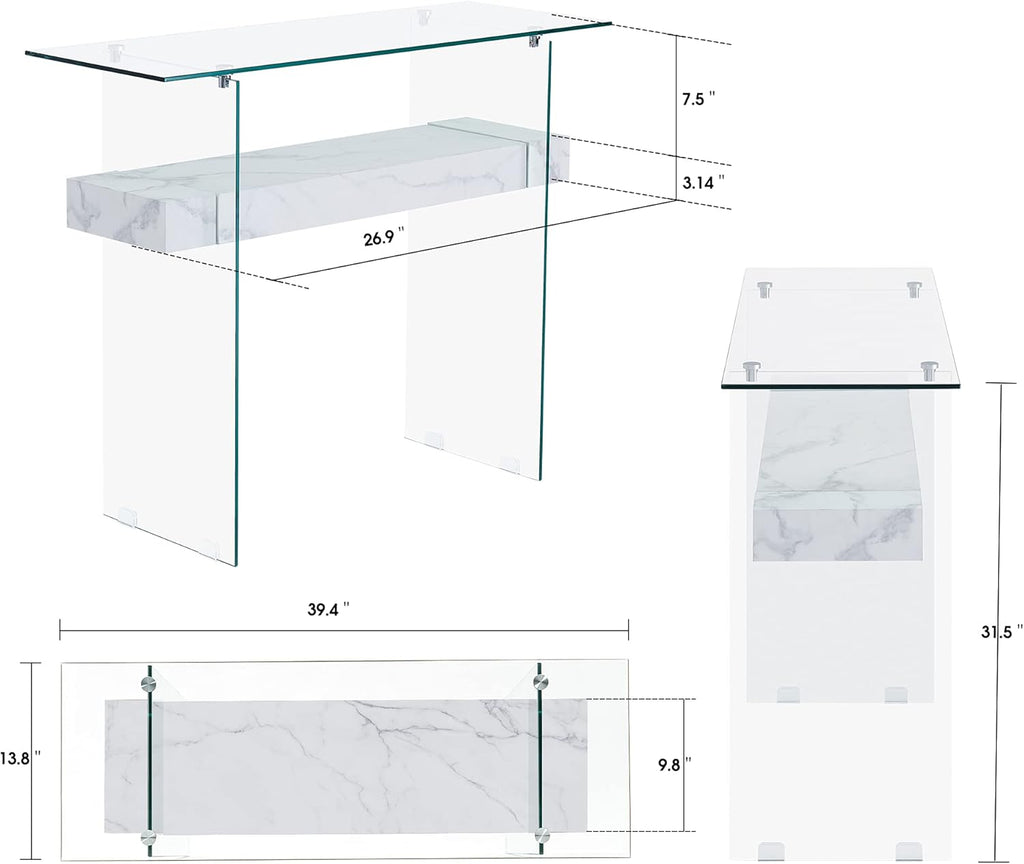 ivinta Glass Entry Table with Storage, 39.4" Modern Console Table for Living Room, Foyer, Hallway, Bedroom 5101 (White)